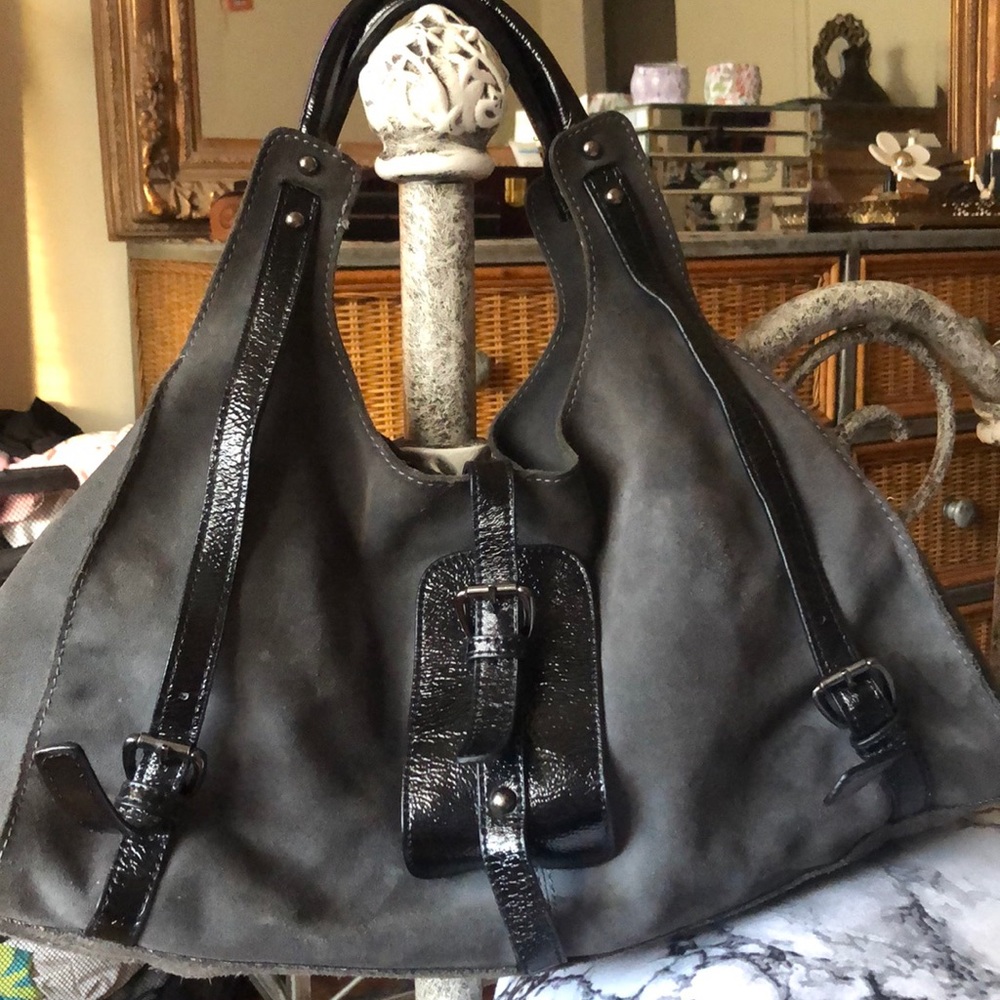 Staccato grey suede and patent leather handbag